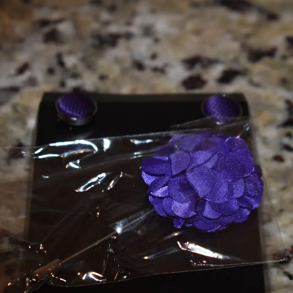 Pair of Purple Cufflinks with Matching Purple Flower Pin - Brand New